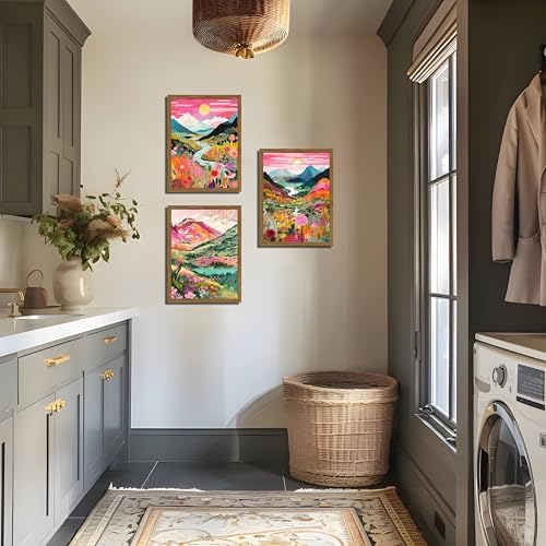 Boho Colorful Mountain Wall Art Set of 3, Abstract Watercolor Landscape Flower Wall Decor Paintings, Modern Nature Sunset Forest Posters Prints for Living Room, Bedroom 16x24 Inch Wood Framed - Image 5