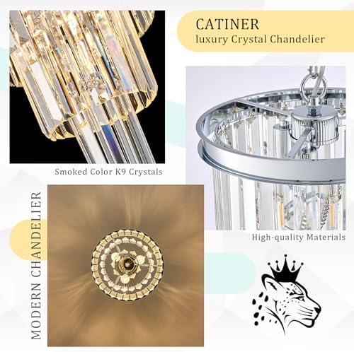 CATINER 12" Modern Crystal Chandeliers,3 Lights Chrome Round Light Fixture - Image 4