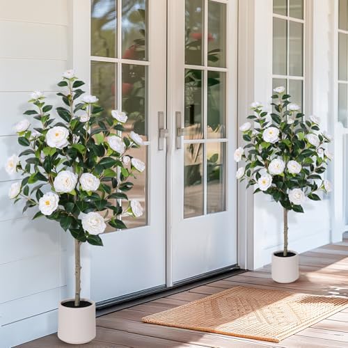 Yepdin 47 inch Artificial Camellia Tree with White Flower Pots -2 Pack White Fake Tree,4 Ft Faux Plants Indoor wich Blooming,Artificial Plants for Indoor & Outdoor Home Front Door Decor by Yepdin