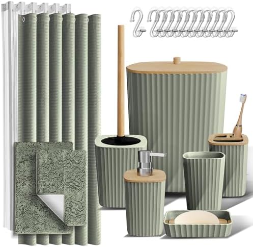 Clara Clark Bathroom Accessories Set - Bathroom Set, Bathroom Sets with Shower Curtain and Rugs, Shower Curtain Set with Trash Can - Sage Green - 22PC by ClaraClark