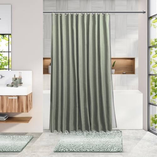 Clara Clark Bathroom Accessories Set - 27PC Bathroom Set with Adhesive Corner Shower Caddy Hanging, Bathroom Sets with Shower Curtain and Rugs, Ombre Sage Green Shower Curtain Set with Trash Can - Image 2