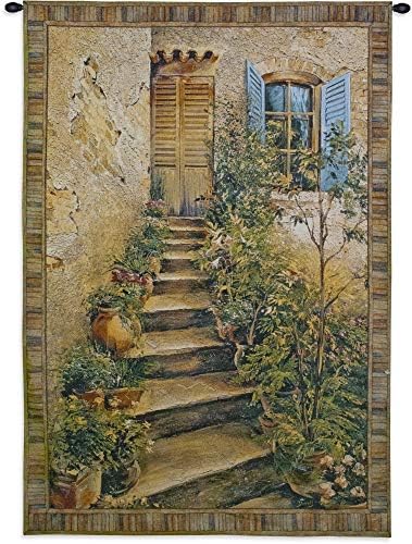 Tuscan Villa II by Roger Duvall | Woven Tapestry Wall Art Hanging | Rustic Italian Village Steps | 100% Cotton USA Size 34x26 by FineArtTapestries