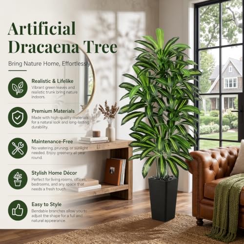 Artificial Dracaena Tree 6FT / Black Planter, Tall Plants Indoor - Image 2