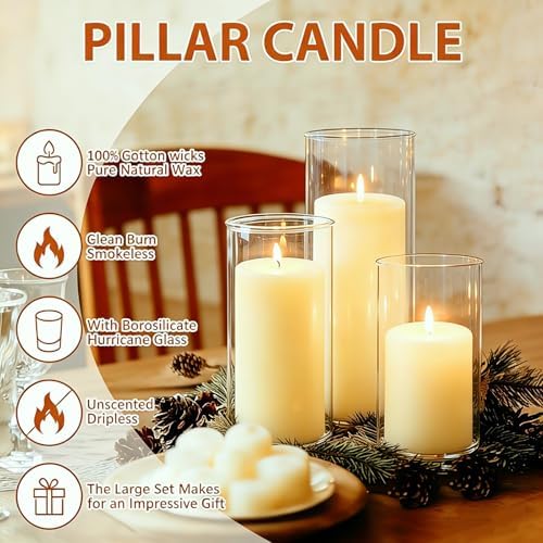 24 PCS White Pillar Candles with Glass Candle Holders Clear Hurricane Candle Holders Glass Cylinder Vases for Centerpieces Wedding Party, Event, Home Decor Ivory White - Image 2