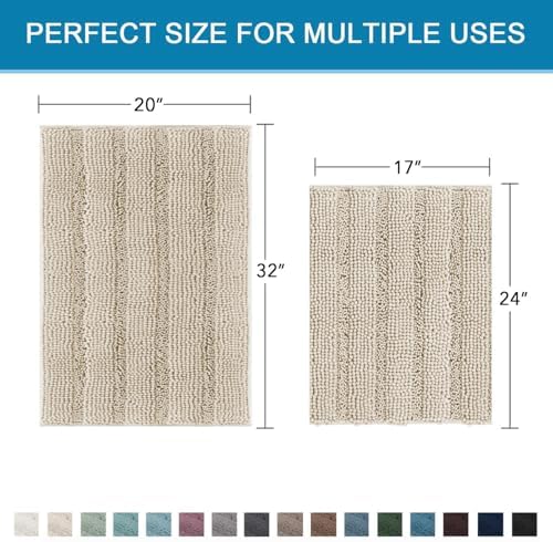 H.VERSAILTEX Bathroom Rug Sets 2 Piece Bath Mats Non Slip Thick Soft Chenille Striped Bath Rug achine Washable Shower Floor Rugs for Tub, Shower and Floor (Fog, 20" x 32"/17" x 24") - Image 2