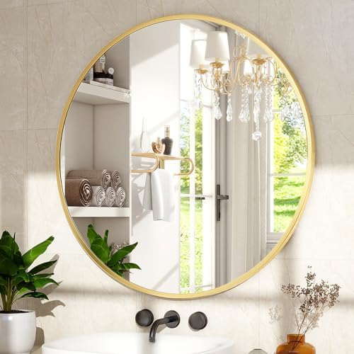 XRAMFY 20 Inch Round Mirror - Circle Mirrors for Bathroom, Entryway and Living Room Wall Decor, Modern Hanging Vanity Mirror, Matte Gold Circle Decorative Wall Mirror by XRAMFY