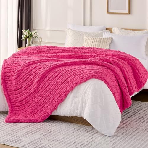 L'AGRATY Chunky Knit Throw Blanket for Couch, 60 x 80 Inches, Hot Pink by LAGRATY