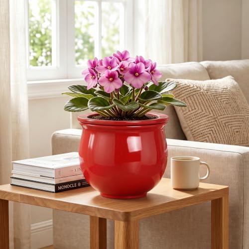 8 Inch Ceramic Self Watering Pots with Absorbent Inner Pot, Red - Image 3