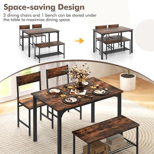 Dining Table Set for 4 with Storage Bench & 2 Chairs, Rustic Brown - Image 3