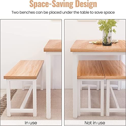 Dining Room Table Set with 2 Benches, Farmhouse Dining Table Set for 4, Wood Breakfast Dinner Table Set for Breakfast Nook Small Spaces, Beige - Image 6