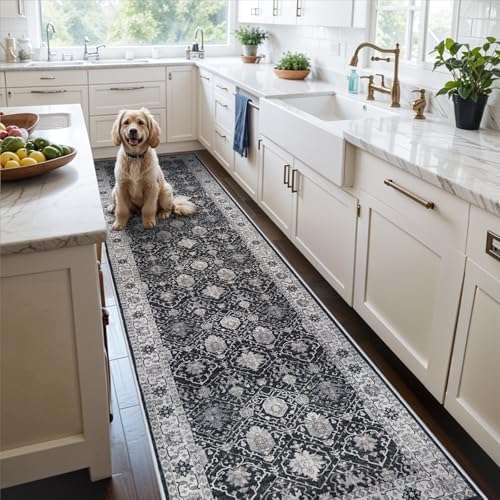 Washable 3x25 Extra Long Runners: Oriental Soft Non-Slip Hallway Runner Rugs for Kitchen Dining Room Indoor Low Pile Thin Entry Floor Mat Stain Resistant Carpet for Living Room Bedroom (3 x 25,Black) by HYHAOYUNLAI