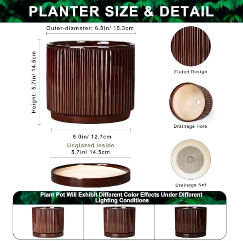 Ceramic Plant Pots, 6 Inch Pots for Plants, Round Planter, Brown - Image 2