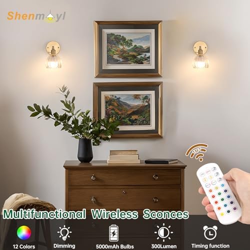 Shenmoyl Vintage Battery Operated Wall Sconce with Clear Tulip Glass Lampshade 5000 mAh Rechargeable Battery Powered Wall Light with Remote Control for Bedside Bedroom Doorway, Set of 2 - Image 2