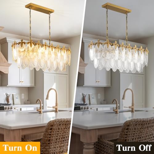 KELUOLY Rectangular Crystal Glass Dining Room Chandelier, 8 Light Gold Chandeliers Lighting Fixture, L33.5'' Height Adjustable Oval Ceiling Pendant Light for Office Coffee Over Table Kitchen Island - Image 5