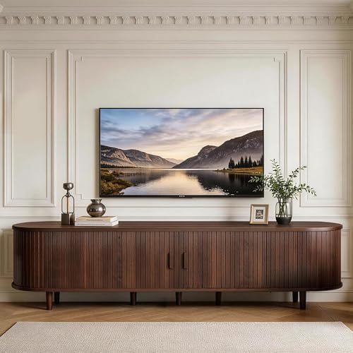 MXV 80" TV Stand with Sliding Doors for Living Room, Mid Century Modern Entertainment Center, TV Console with Fluted Door Cabinets and Power Outlet, Walnut - Image 7