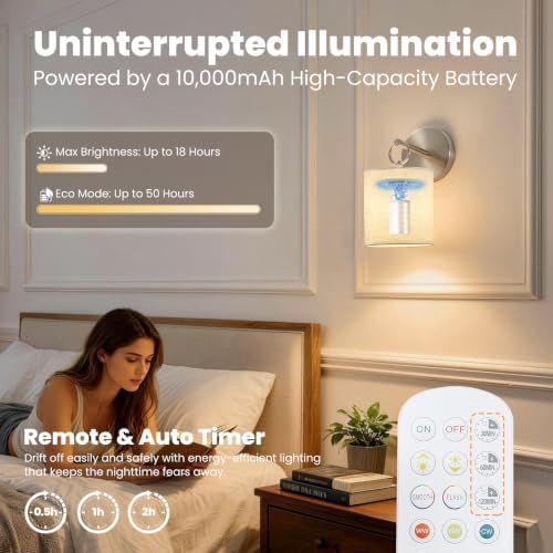 Peel and Stick Sconces Set of 2 Brushed Nickel,Detachable Battery Operated Wall Sconce With 10000mah Rechargeable Bulbs,12 RGB Battery Sconce With Remote,Renter Friendly Wall Lamps for Bedroom,Hallway - Image 4