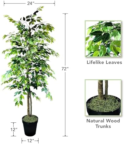 LCG Florals 6ft Artificial Ficus Tree in Black Plastic Pot - Real Wood Trunk, No Maintenance Indoor Faux Plant - Living Room, Home & Office Decor - Image 2