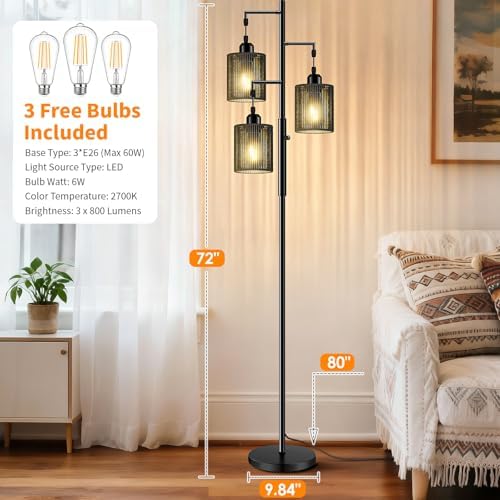 Hotsonic 72" Boho Rattan Tree Floor Lamp, Tall Dimmable Industrial Standing Lamp, Corner Decor Accent Lighting for Living Room, Bedroom, Dining Room, Nursery, Cafe (3 x 800LM Bulbs Included) - Black - Image 5