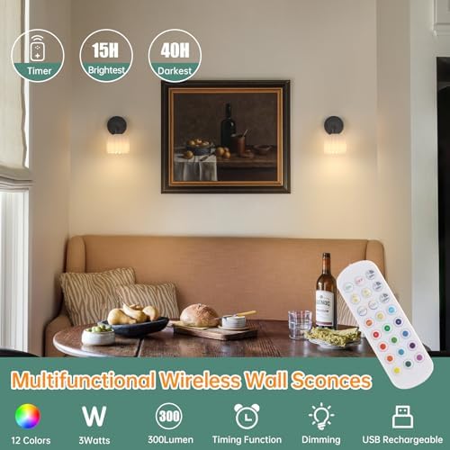 Shenmoyl Vintage Battery Operated Wall Sconce with White Tulip Glass Lampshade Rechargeable Battery Powered Black Wall Light with Remote Control for Bedside Bedroom Doorway, Set of 2 - Image 2