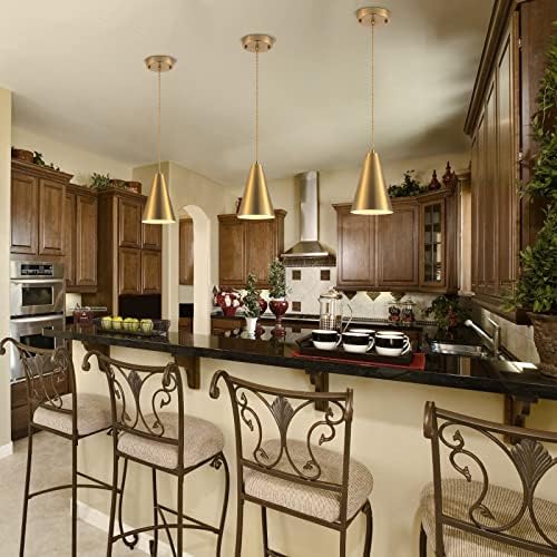 Gold Pendant Lights Kitchen Island,Dining Room Light Fixtures Over Table 3 Pack with Brushed Brass Cone Metal Shade, Modern Farmhouse Mini Chandeliers,Adjustable Cord Hanging Lighting for Bar,Sink - Image 3