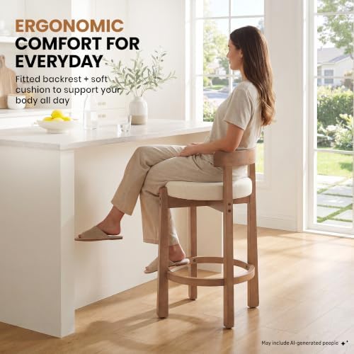 LukeAlon Mid Century Linen Counter Stools Set of 2, Upholstered 26.5” Seat Height Low Barstools with Natural Wood Legs Round Low Back Kitchen Stools with Footrest for Dining Room, Beige - Image 6