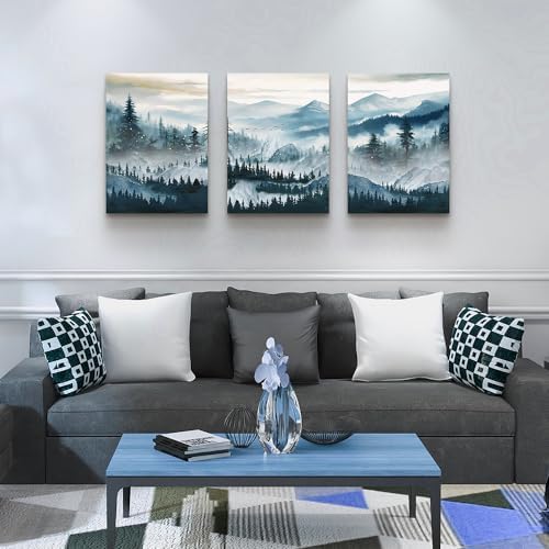 MHARTK66 Wall Art for Bedroom,Mountain Landscape Wall Decor,Large Foggy Forest Artwork for Walls, 3 Piece Nature Paintings Prints for Living Room Hallway Office Kitchen Home Decorations, 12x16 Inch - Image 2