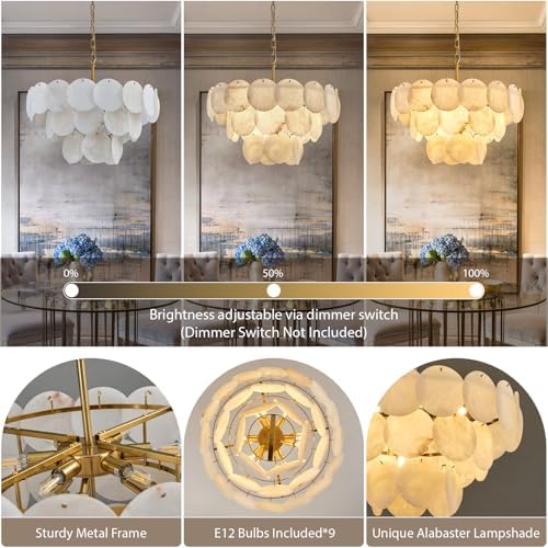 Alabaster Round Chandelier, 26" Natural Spanish Marble Stone Texture Chandeliers, 9-Light Dimmable Alabaster Chandelier, Modern Luxury Lighting for Living Room, Bedroom, Hallway - Image 5