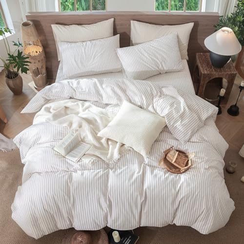 MooMee Striped Duvet Cover Set 100% Washed Cotton Linen Like Queen - Image 5