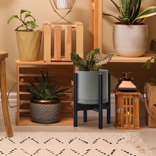 D'vine Dev Ceramic Pot with Ebony Wood Stand, Grey, 8 in, 55-B-M-3 - Image 2