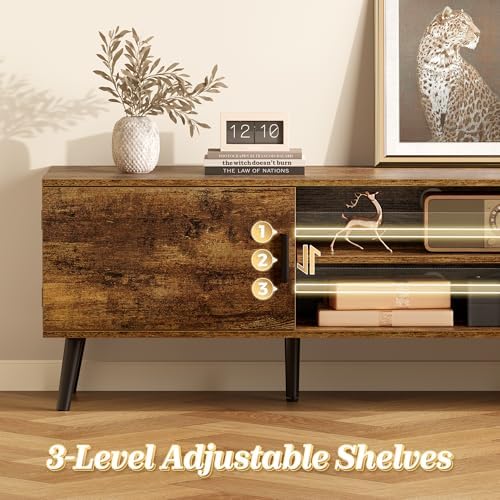 SUPERJARE TV Stand for 55, 65 Inch TV, 63 Inch Entertainment Center with Adjustable Shelf, 2 Cabinets, TV Console Table, Media Console, Solid Wood Feet, 4 Cord Holes, for Living Room, Rustic Brown - Image 4