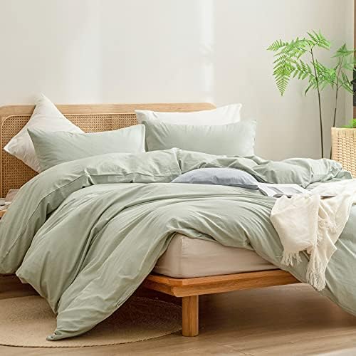 BESTOUCH Cotton Solid Duvet Cover Set Linen Feel Sage Green Oversized King - Image 4