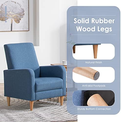 COLAMY Mid-Century Modern Accent Chair, Fabric Upholstered Living Room Chair with Back Pillow & Solid Wood Legs, Comfy Armchair for Living Room, Bedroom, Single Sofa, Blue - Image 5