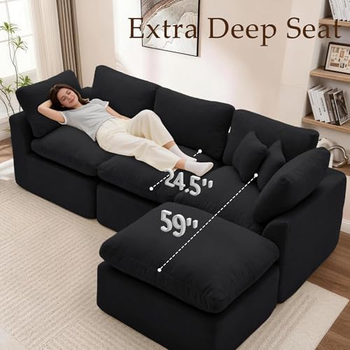 Korser 110" Cloud Sectional Boneless Couches for Living Room, Modern Modular Sectional Sofa with Ottoman, Cloud Couch with Comfy Deep Seats, Cut Pile Chenille L-Shape Sofa Couch for Living Room, Black - Image 4