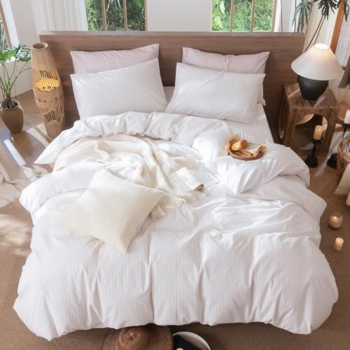 MooMee Striped Duvet Cover Set 100% Washed Cotton Linen Like Full - Image 5