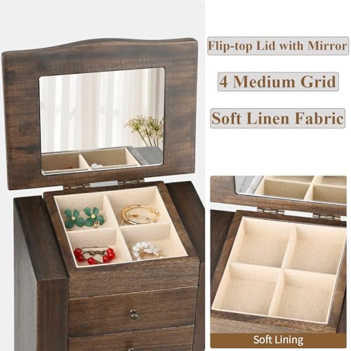 Meangood Jewelry Box Jewelry Organizer, 5-Layer Wooden Jewelry Organizers and Storage Boxes for Women Girls, Ring Earring Bracelet Necklace Holder Organizer with Mirror & Drawers (Walnut) - Image 3