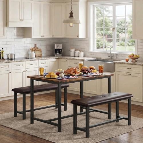 GarveeHome Dining Table Set for 4, Kitchen Table with 2 Upholstered Benches, Wood Kitchen Dining Room Set, for Small Space, Apartment, Home, Dinner, Retro Brown - Image 3