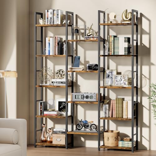 Shintenchi Triple Column 5 Tier Bookshelf, Industrial Large Bookcase Display Shelves, Large Etagere Bookshelf,Wide Book Shelf Book Case for Home & Office, Rustic Brown by Shintenchi%7CFurnitureMadeforRealLife