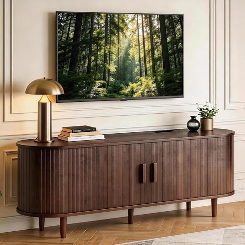 MXV 58" TV Stand with Sliding Doors for Living Room, Mid Century Modern Entertainment Center, TV Console with Fluted Door Cabinets and Power Outlet, Walnut - Image 2