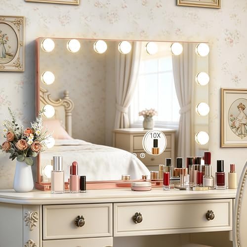 Ratsamee Rose Gold Hollywood Vanity Mirror with Lights, 15 Dimmable Bulbs, 3 Color Lights,Make Up Lighted Mirror, Aluminum Metal Frame, USB Charging Port（23" x 18"） by RATSAMEE
