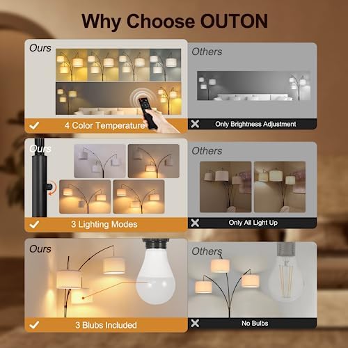 OUTON Arc LED Floor Lamp with Remote Control, Dimmable Modern Black 3 Light Arched Tall Floor Lamp, Mid Century Adjustable Standing Corner Lamps for Bedroom, Office, Living Room, Beige Lampshade - Image 2