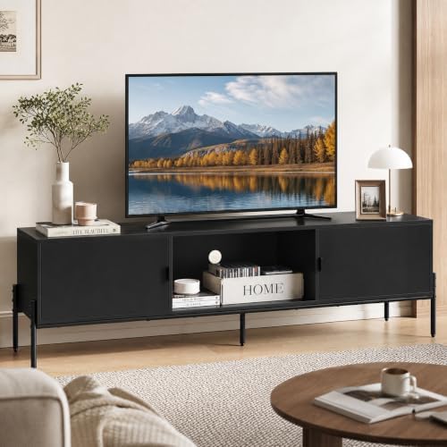 WLIVE 58" TV Stand for 65 Inch TVs, Mid Century Modern Entertainment Center with 2 Storage Cabinets & Open Shelf, Media Console Table with Metal Legs for Living Room, Bedroom, Black by WLIVE