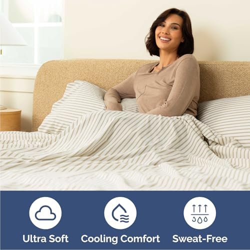 Queen Size 4 Piece Sheet Set - Breathable & Cooling Sheets - Beige Stripes - Image 4