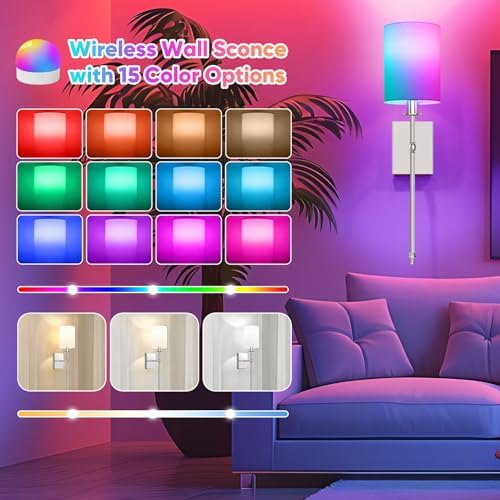24 Inch Battery Operated Wall Sconces Set of 2 with Remote, Brushed Nickel Rechargeable Wireless Wall Lights with White Fabric Shade, Cordless Wall Lamps with Dimmable Detachable Bulbs for Bedroom - Image 3
