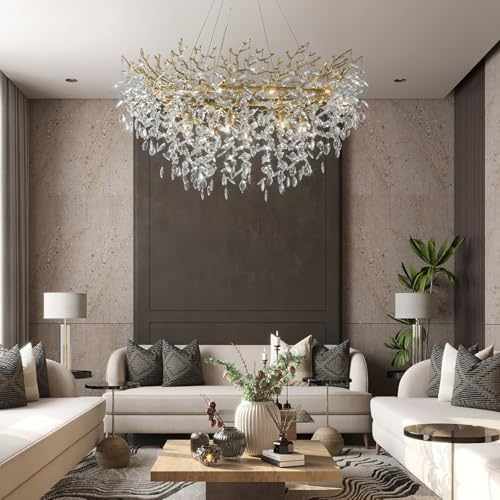 YUYI 47" Modern Crystal Chandelier, 14-Light Gold Tree Branch Chandelier, Round Chandeliers for Dining Room, Living Room, Foyer, Entryway, Kitchen, Bedroom, Luxury K9 Crystal Raindrop Light Fixture - Image 3