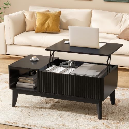LYNCOHOME Fluted Coffee Table with Hidden Compartment, Wood Lift Top Coffee Tables, Modern Center Table for Living Room, Home Office, Black by LYNCOHOME