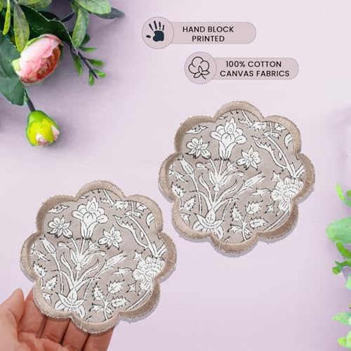 Ridhi 8-Pcs 100% Cotton Hand Block Print Drink Coasters 5" in Taupe - Image 6