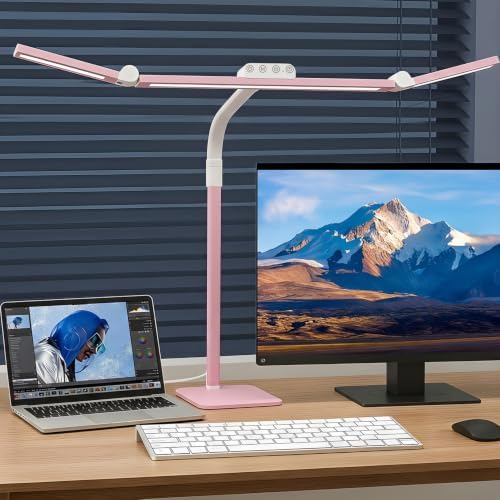 LED Desk Lamp for Home Office with Base, 28.2" Adjustable Gooseneck Swing Arm Bright Desk Light, Dimmable Architect Table Lamp for Desktop Computer Light, Reading, Study, Workbench（Pink） by Galnolt