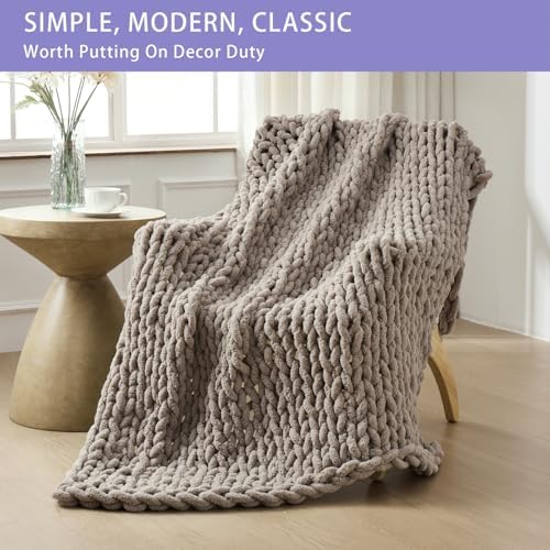 Bigacogo Chunky Knit Throw Blanket for Couch, 51x63 inches, Taupe - Image 3