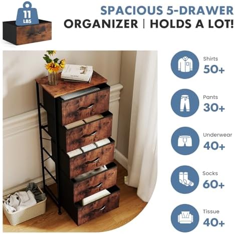 DUMOS Nightstand with 5 Fabric Drawers, Skinny Dresser - Image 4