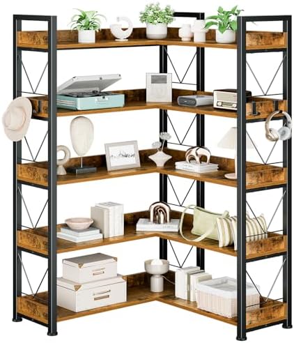 DUMOS 65 inch L Shaped Bookshelf, 5 Tier Corner Bookcase with Hooks and Edge, Industrial Pantry Shelves with Metal Frame, Wooden Open Storage for Living Room, Home Office, Bedroom, Rustic Brown by DumosLifestyle